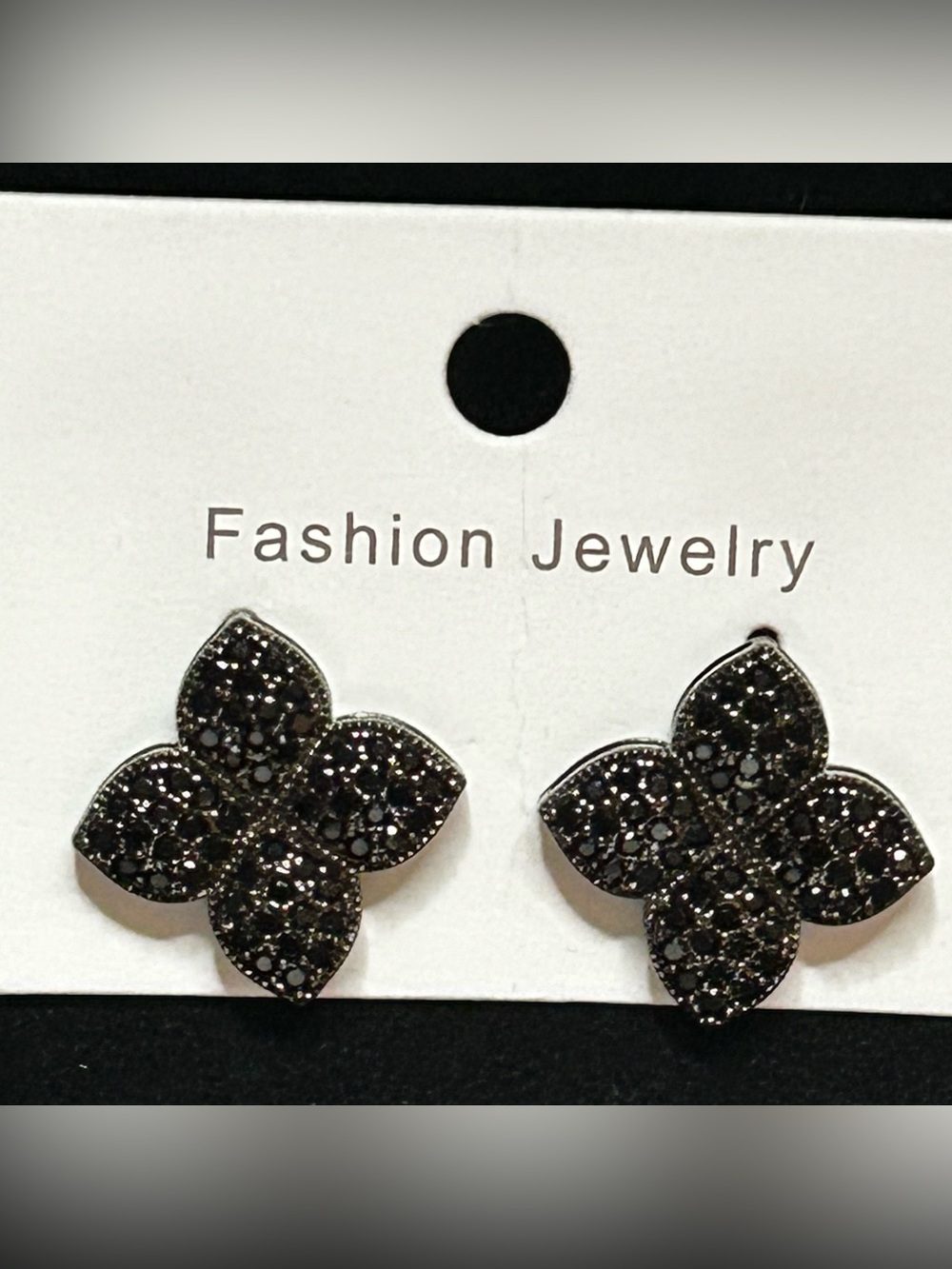 Fashion Jewelry Black Crystal Floral Stud Earrings - Petal Design